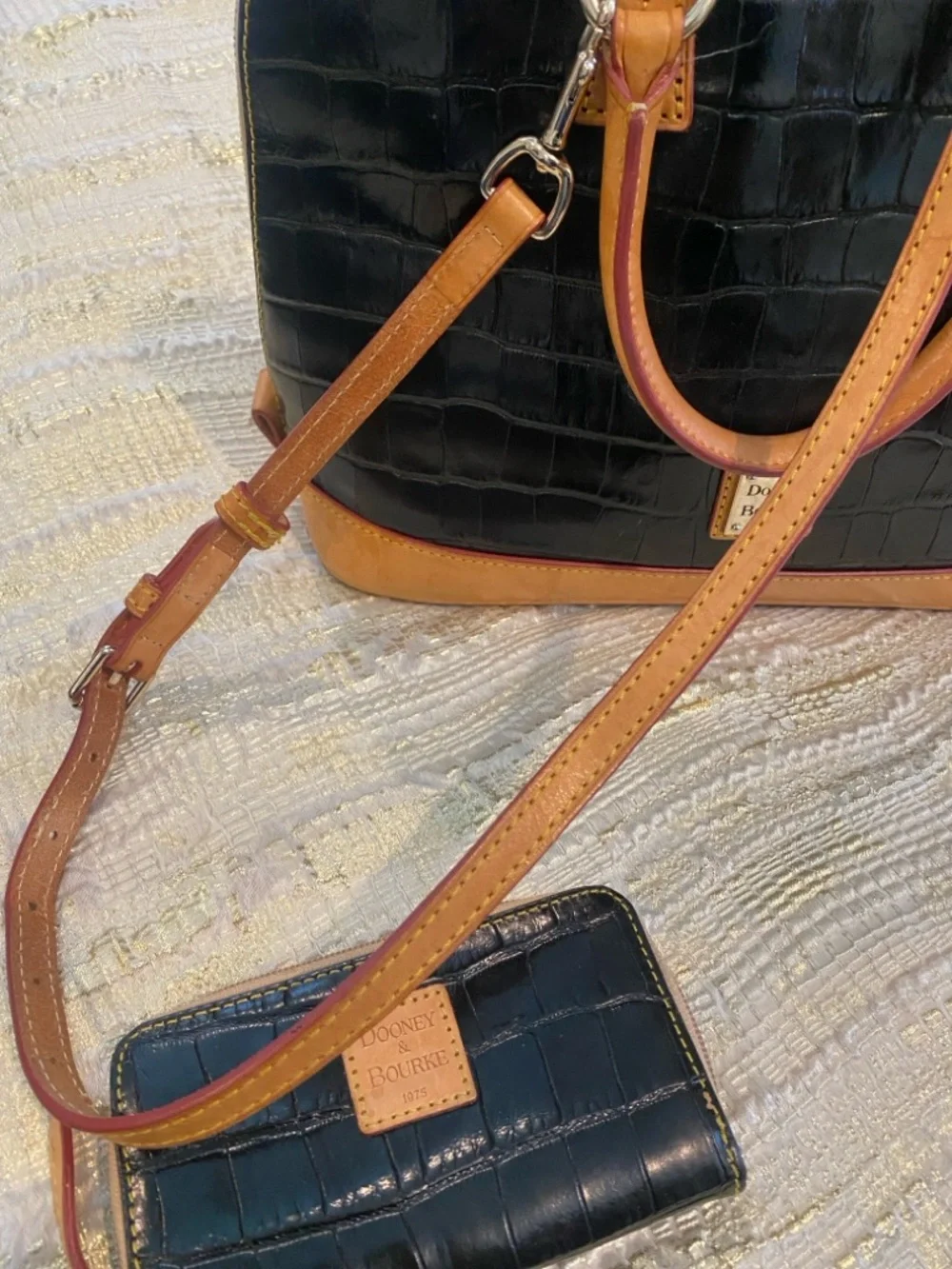 Dooney & Bourke Black Croc-Embossed Satchel with Tan Trim